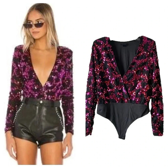 HOURS x REVOLVE | Studio Sequin All-Over Thong Bodysuit Long Sleeve Size M - Picture 1 of 8